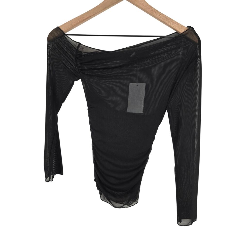 AQUA Sheer Black Mesh Asymmetrical One Shoulder Ruched Top Sz XS